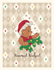 Cute Christmas Bear in Santa Hat with Fir Sprig Greeting Card Vector Illustration