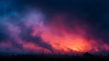 Naklejka premium Industrial smoke billows against a dramatic sunset sky ablaze with vibrant contrasting colors