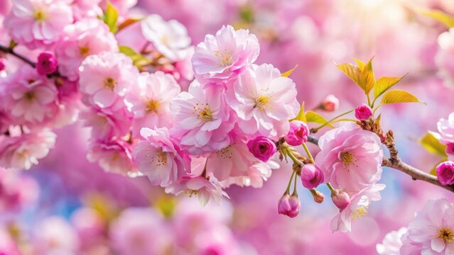 Pink sakura flowers blooming in April, delicate petals unfurl, pink flowers, outdoor blooms