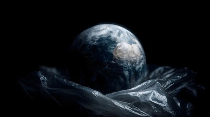 Obraz premium Planet Earth depicted trapped within a crumpled plastic bag against a dark dramatic background symbolizing environmental crisis