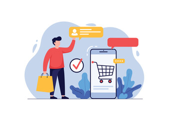 A person is using a smartphone for online shopping and has a shopping bag with them.