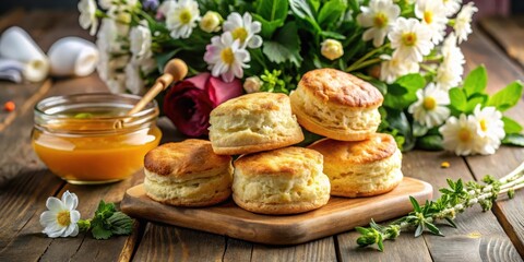 Fluffy buttermilk biscuits placed on a wooden table with a pat of butter and a drizzle of golden honey on top, surrounded by fresh flowers and greenery, greenery, honey