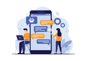 Online chatbot communication on a mobile device with people interacting.