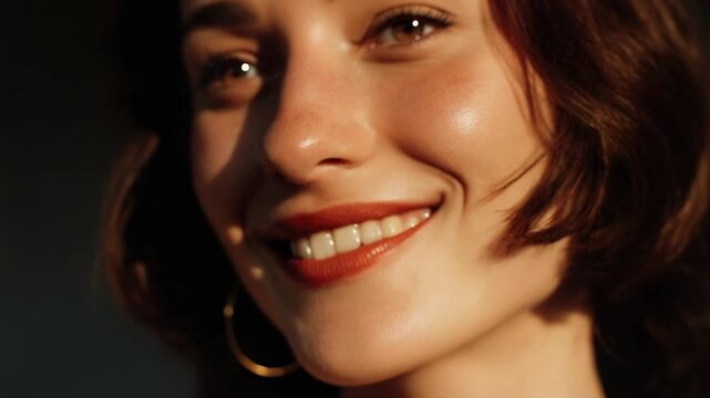 Close-up of a smiling woman with red lipstick and a short brown bob under warm light.