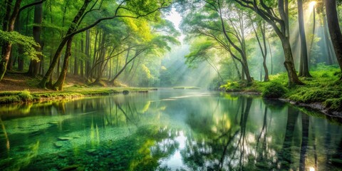 Obraz premium Misty forest glade with crystal-clear pool reflecting verdant canopy above in the heart of nature