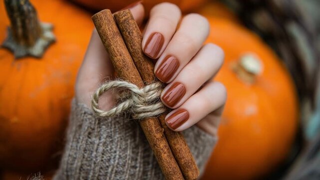 A hand with brown nails holds two cinnamon sticks tied with twine, with pumpkins and a cozy sweater in an autumn background.