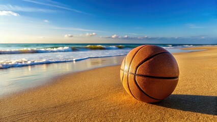 Basketball ball on sandy beach, sports equipment, natural setting,  sports equipment, natural setting, outdoor, travel