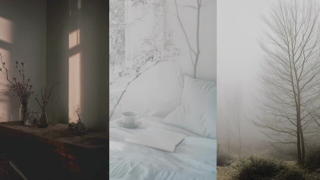 Video of retro countryside winter aesthetic divided into  vertical scenes of cozy interior, scenic landscape. Soft foggy light evoke nostalgic simplicity