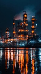 Naklejka premium A vibrant industrial scene at night, showcasing illuminated smoke stacks reflecting on water, highlighting the energy of a modern refinery.