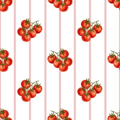 Striped seamless pattern with red tomatoes on branch. Fresh and natural design for kitchen decor, textiles, wrapping paper, and summer cards.