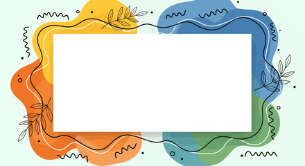 Colorful abstract banner template featuring flowing liquid shapes, botanical line art, and a central white frame for copy space