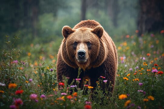 Background of a wild brown bear amidst flowers in a summer forest