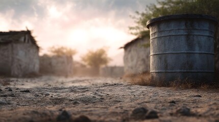A weathered water tank stands in a dry rural village under a hazy sunset sky