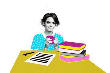 Composite photo collage of smile businesswoman hold coffee cup lunch break sit office supplies book paper isolated on painted background