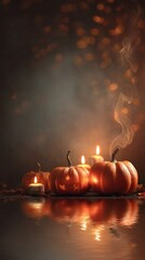Warm blurred background glowing with carved pumpkins, golden candlelight reflections, gentle smoke trails, magical Halloween charm, smooth gradient with copy space.