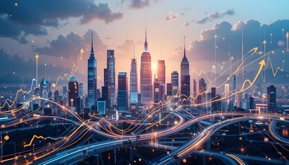 Fototapeta premium Futuristic metropolis layered with analytics data and light streaks of progress.