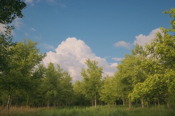 Fototapeta premium Scenic panorama of treetops and open sky during the summer season