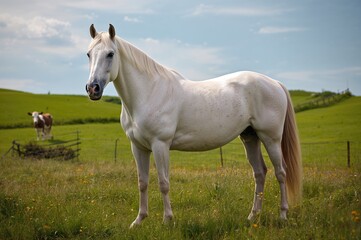 Obraz premium Robust white horse standing on farmland amidst lush green hills, symbolizing prosperity and farming growth.