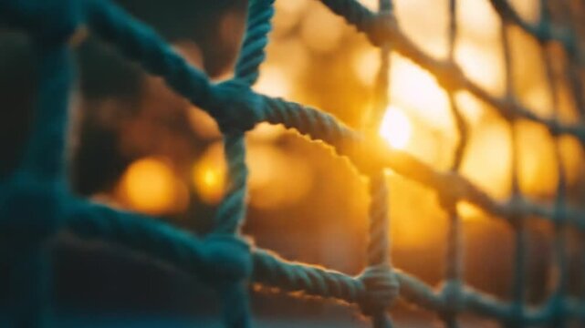 Close up of woven rope net and sunset background