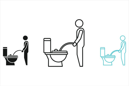 Vector art of set of man using urinal male standing and urinating in toilet bowl vector illustration of restroom sign, public lavatory symbol, and hygiene