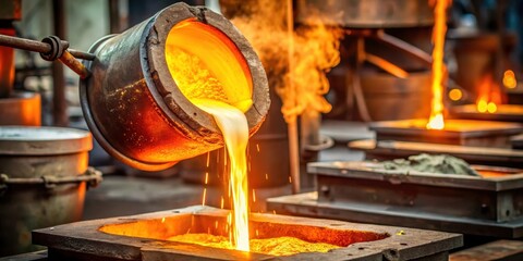Molten metal flows from a crucible into a casting mold at a foundry
