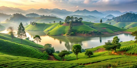 Rolling hills of tea plantation in misty Moc Chau village surrounded by lush green mountains and towering pine trees with a serene lake in the background, moc chau, tea fields