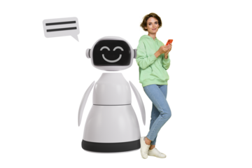 Composite photo collage of happy girl business freelancer hold phone ai technology machine generative isolated on painted background