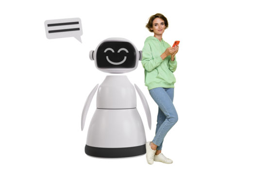 Composite photo collage of happy girl business freelancer hold phone ai technology machine generative isolated on painted background