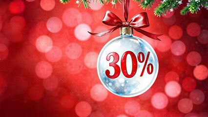 A 30 percent tag written on the Christmas tree bauble, christmas sale concept, winter sale, new year sale, Big sale, discount cocept. Red background. Sale. a discount tag 30 percent off
