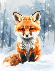 Obraz premium Zartes Aquarellmotiv eines Fuchsbabys im Winter