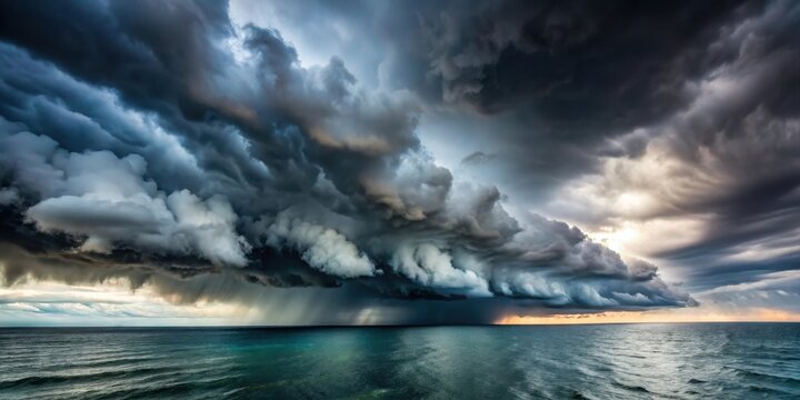 Dramatic dark clouds hang low over the ocean as a fierce storm brews , grey skies