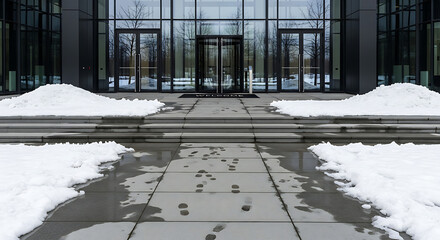 Footprints in snow lead to modern office building entrance