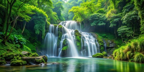 waterfall cascading through lush green forest, landscapes, landscape,  landscapes, landscape, environment, foliage