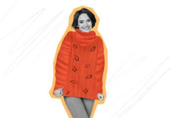 Composite photo collage of happy girl wear cozy warm orange pullover leaves pattern autumn season isolated on painted background