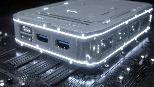 A compact glowing mini PC with RGB lighting and USB 3.0 ports