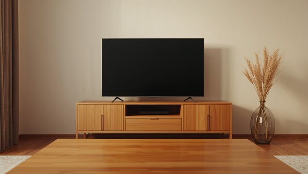 Television placed on a cabinet in a minimalist living room inspired by Muji design.