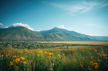 Scenic landscape of a vibrant mountain village surrounded by lush greenery and colorful fields