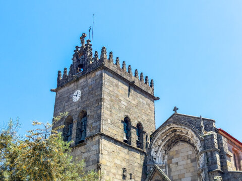 Historic tower of the Church of Our Lady of Oliveira in Guimaraes, Portugal. The Romanesque-Gothic