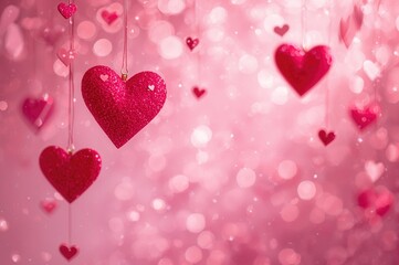Vivid magenta with red heart shapes and shimmering glitter bokeh, abstract blurred texture for Valentine's theme