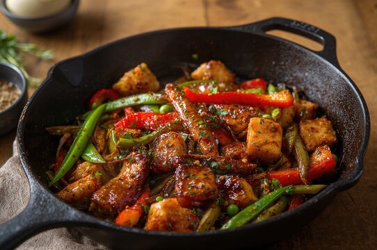 Plant-based mycoprotein chunks vegetable stir-fry cooked in a cast iron skillet