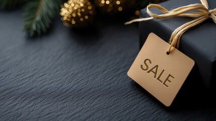 Black leather-like price tag featuring gold SALE lettering, surrounded by sparkling gold and silver beads, creating a luxurious and enticing visual for holiday discounts and special offers
