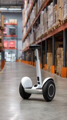 Fototapeta premium A white self-balancing scooter stands in an industrial warehouse aisle, surrounded by shelves stacked with boxes.