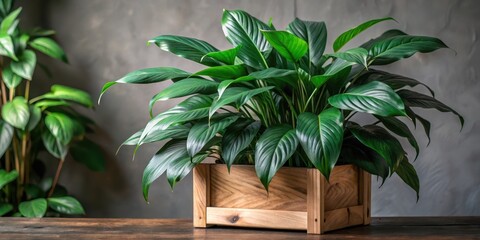 Dense foliage with dark green tropical leaves of Spathiphyllum cannifolium hanging from a wooden planter in a cozy home decor setting , Spathiphyllum, foliage