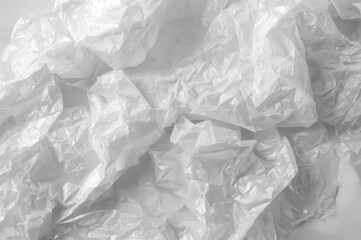 Close-up of wrinkled white plastic film texture, background design with environmental hazard theme. High-resolution image of packaging material.