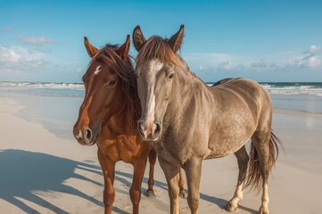Obraz premium A pair of horses relaxing on a pristine sandy shore
