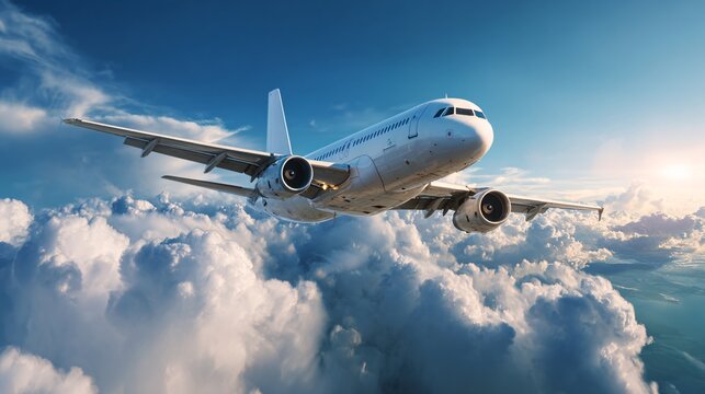 Travel airplane flying in blue sky with clouds
