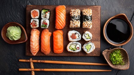 Flat lay of sushi set with chopsticks and soy sauce