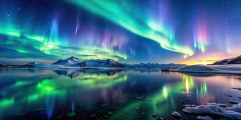 Aurora borealis over serene lake, celestial display, icy landscape,  celestial display