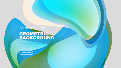 Abstract fluid shapes overlap, creating dynamic geometric background. Blue, green hues dominate design, offering modern aesthetic.