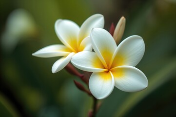 Fototapeta premium Vibrant white and yellow Plumeria blossoms symbolizing romance, commonly used in tropical spa and relaxation settings, featuring a soft bokeh background.